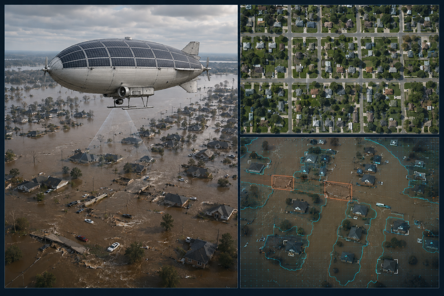 Three-panel view: a survey airship over a flooded neighborhood, a pre-flood baseline of the same area, and a post-flood image with inundated structures automatically outlined