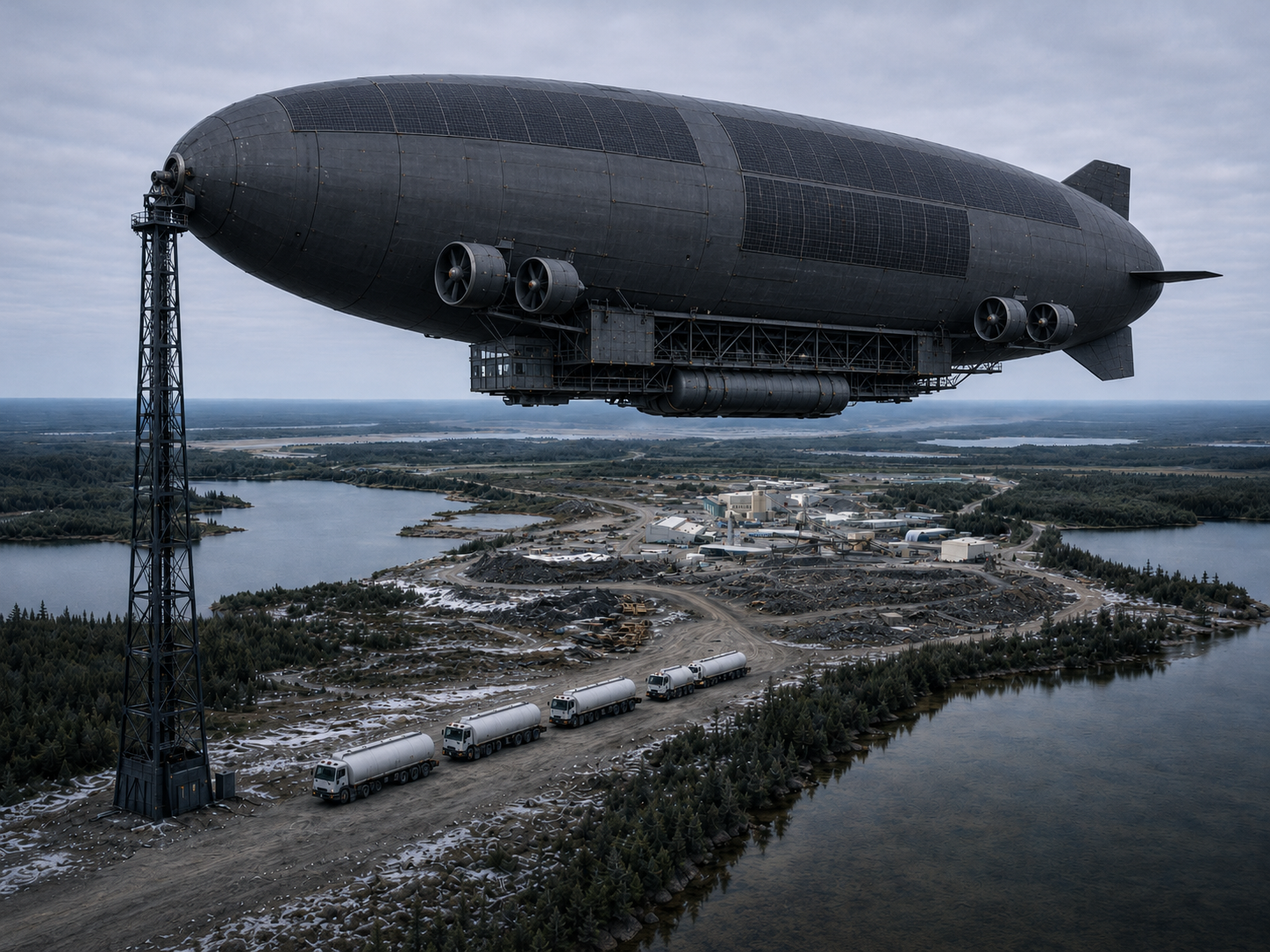 Moored heavy-lift airship over a remote mine, with fuel tanker trucks lined up beneath it