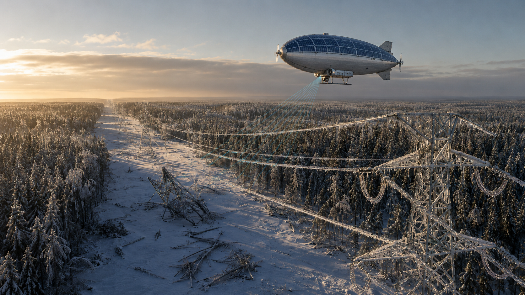 Survey airship scanning ice-laden power lines and a collapsed transmission tower in a snowy forest