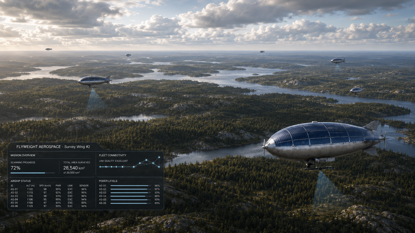 Fleet of Flyweight survey airships scanning remote forest and lakes, with a live mission dashboard